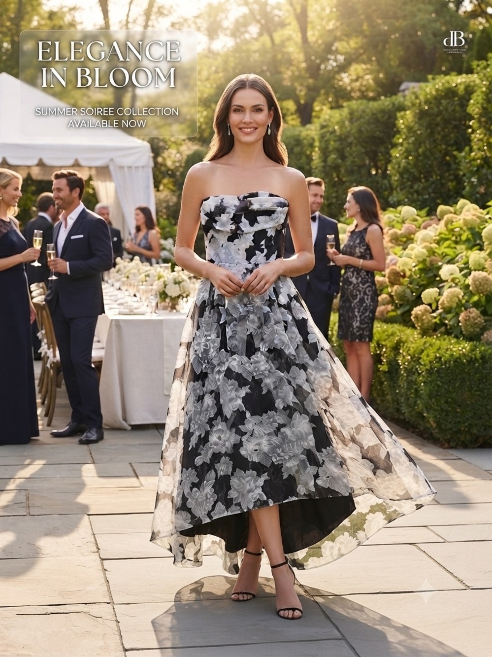 NT Strapless Black and White Floral Organza Tulle Maxi Dress